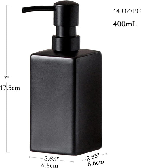 Matte Black Square Soap Dispenser, Ceramic Hand Soap and Lotion Dispenser for Bathroom Countertop, 14oz Dish Soap
