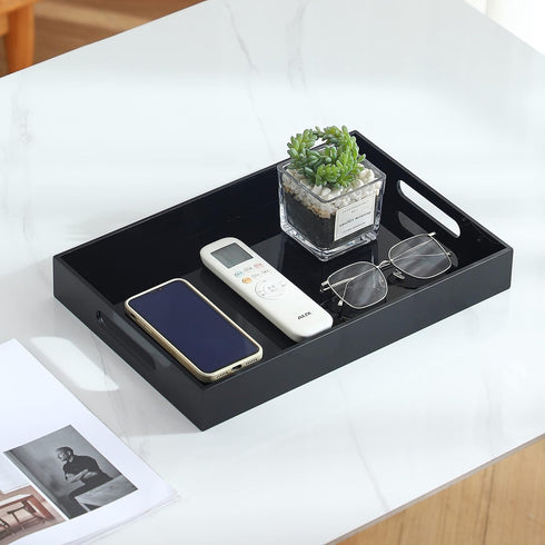 Black Oversize Acrylic Serving Tray with Handles 10x15 Inch - Decorative Trays for Countertop Organizer