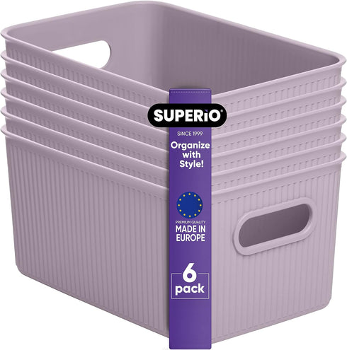 Superio Ribbed Collection - Medium Lilac Purple Plastic Open Storage Bins Organizer Baskets (6 Pack)