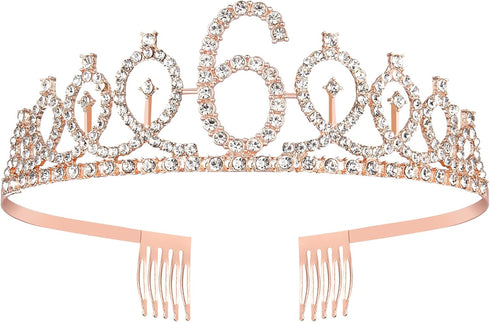 BRT Bearingshui 6th Birthday Sash and Tiara Set for Girls, Rose Gold Birthday Sash, Tiara & Cake Topper