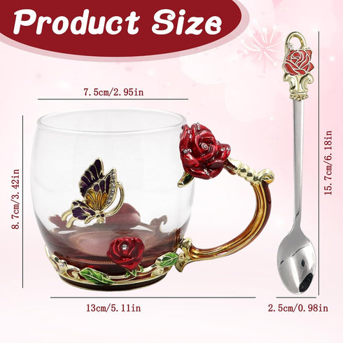 Enamels Butterfly Flower Tea Cup, Glass Coffee Mugs with Spoon, Gifts for Birthday, Valentines, Mothers Day.