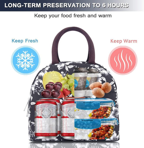 BALORAY Lunch Bag for Women Men, Insulated Lunch Box for Work, Picnic or Travel (White Flower)