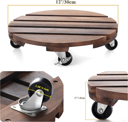 2pack 12" Plant Caddy Plant Stand with Wheels Rolling Plant Stand Heavy Duty Wooden Round Plant Dolly Rollers