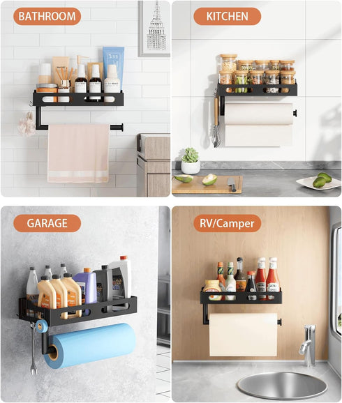 4 Paper Towel Holder Wall Mount for Kitchen, One-Handed Tear, Bathroom Paper Towel Holder with Shelf, RV Paper Towel