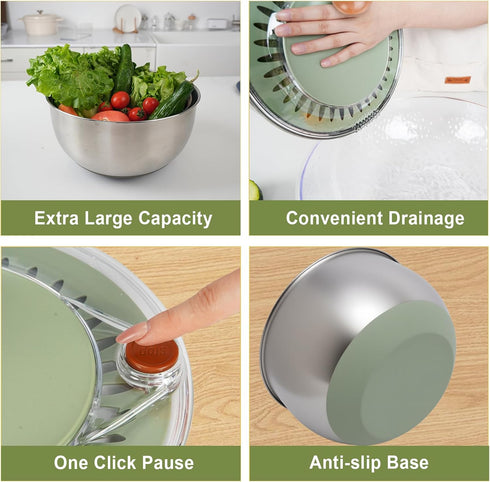 5.3Qt Stainless Steel Salad Spinner Large, Salad Washer Spinner and Dryer, Lettuce Cleaner Spinner, Vegetable Dryer