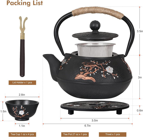 4 Set Japanese Style Cast Iron Teapot with Tea Cups Trivet Tetsubin Tea Kettle with Infuser Chinese Tea for Adults Iron