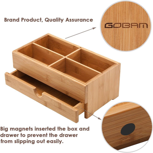 GOBAM Bamboo Makeup Organizer with Drawer, Medium - Natural Wooden Cosmetic Storage for Bathroom, Bedroom, Kitchen