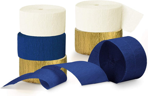 NICROLANDEE Navy Blue Party Decorations - 6 Rolls of Navy Blue Gold Ivory Crepe Paper Streamers for Wedding Birthday