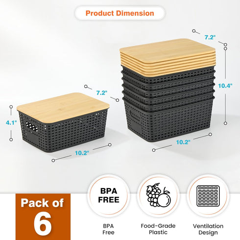 Plastic Storage Baskets with Bamboo Lid - 6 Pack Stackable Containers for Organizing Shelves, Drawers, Desktop, Office