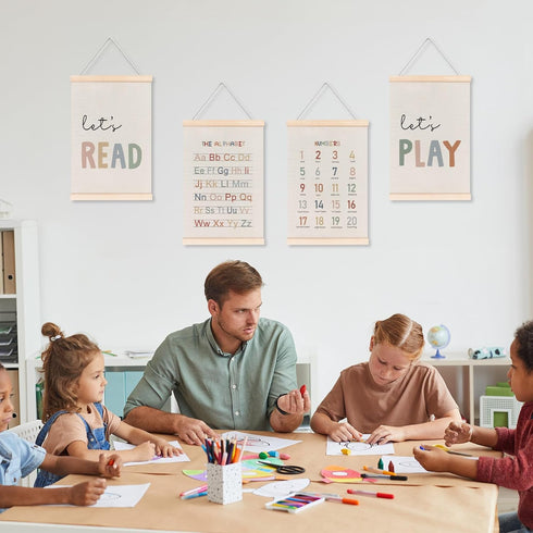 Set 4, 12x16in laveliabel Alphabet Numbers Poster Hanger Frame of Alphabet ABC Banner Poster with Wood Hanger, Nursery