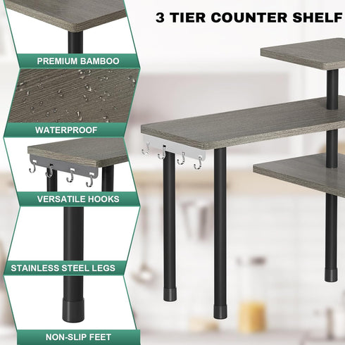 ZHWS Adjustable 3 Tier Kitchen Countertop Organizer, Rustic Grey Bathroom Counter Organizer with 4 Metal Hooks