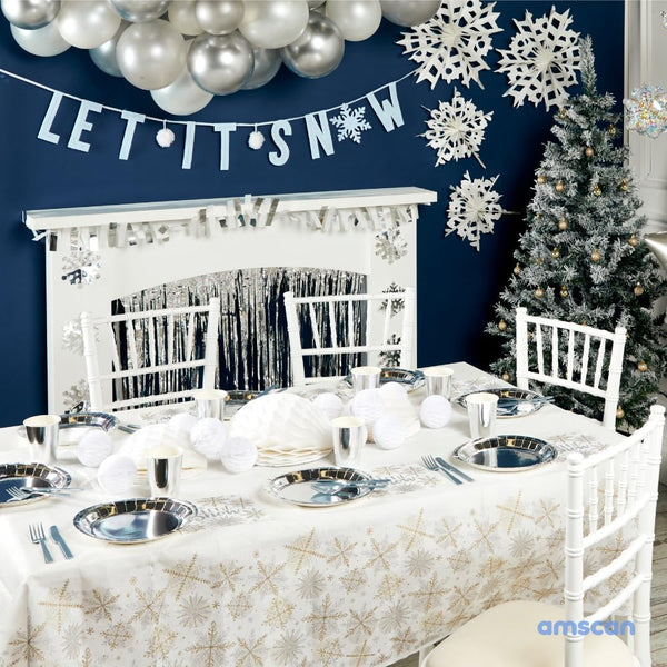 Snowflake White Foil String Decorations, 7' (6 Pc), Elegant Winter Party Decor