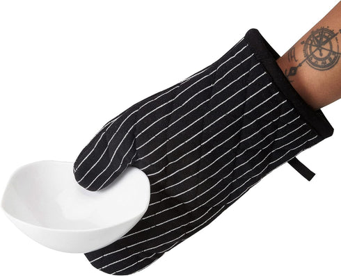 Encasa Homes Long Oven Mitts, 12" Heat Resistant Gloves (2 pc Set) for Kitchen Cooking & Baking - Butcher Stripes Black