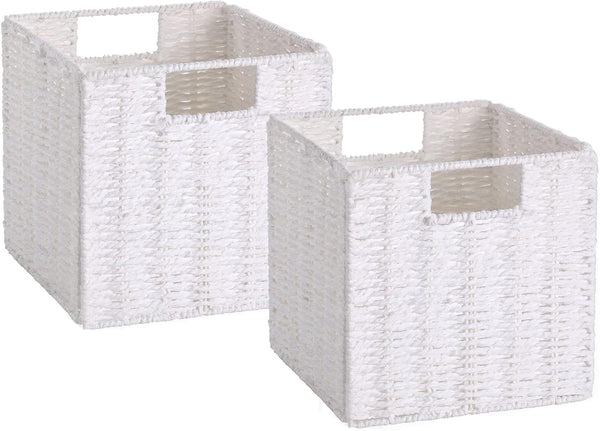 Vagusicc Wicker Storage Basket, Set of 2 Foldable Cube Storage Bins, 11 Inch Square (White)