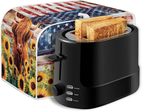 American Flag Toaster Cover, 2 Slice Wide Slot, Highland Cow Sunflower Print, Washable Stain Resistant Small Appliance