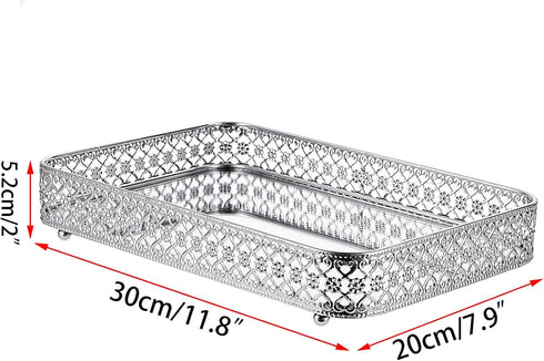 ELLDOO Perfume Tray Mirror Tray Vanity Makeup Hollow-Carved Jewelry Tray Glass Metal Trinket Storage Tray Home Decor Organizer Tray for for Dresser Bathroom Countertop,Silver,Medium Size by ELLDOO