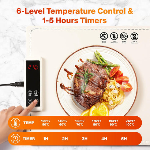 4 6 5 Settings, Countertop, Warming Mat for Food, Graphene & Aluminum Foil Full Surface Heating Electric Warming Tray