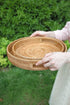 14.2" HITOMEN Hand-Woven Round Rattan Serving Tray Decorative Ottoman Wicker Platter with Handles for Coffee Table