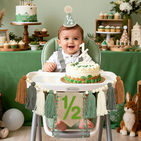 6 1/2 Half Birthday Decorations Baby Boy,Sage Green Months High Chair Banner With Cone Hat And Cake Topper,Jungle Theme