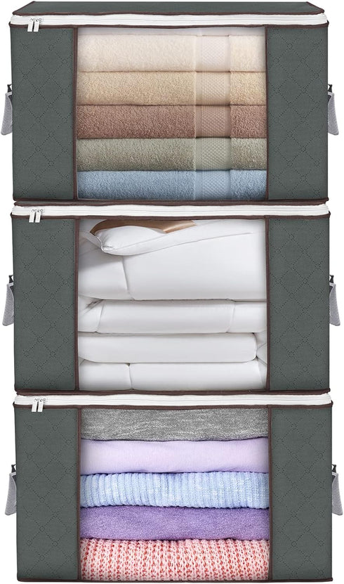 Large Storage Bags, 3 Pack Foldable Closet Organizers for Clothing, Bedding, 90L, Gray