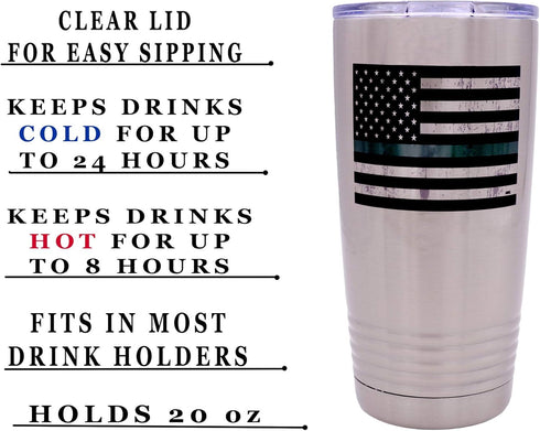 Rogue River Tactical Thin Green Line Flag Large 20 Ounce Stainless Steel Travel Tumbler Mug Cup for Military Federal