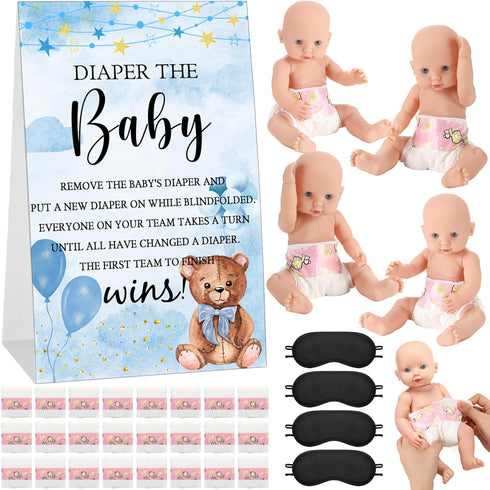 RoundFunny 33 Pcs Baby Shower Diaper Changing Game Supplies Including Dolls Blindfold Diapers