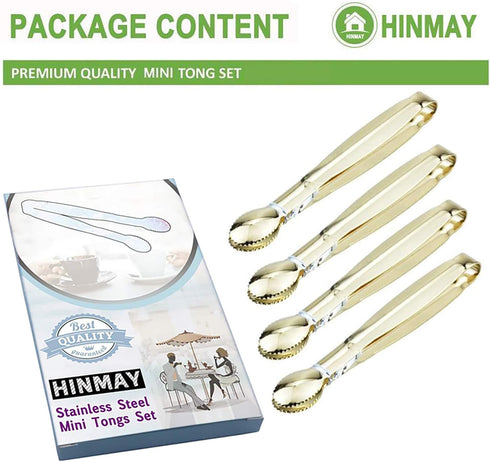Mini Serving Tongs 5 Inches Appetizer Tongs, Set of 4 (Gold) by HINMAY