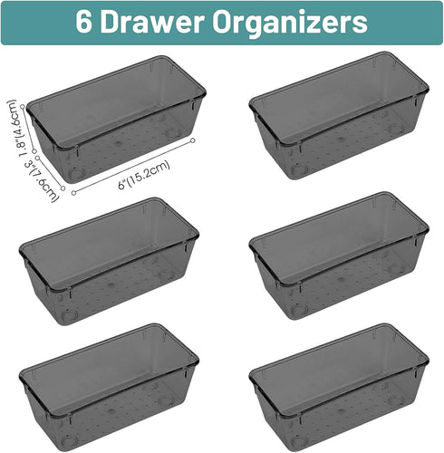 WOWBOX 6 PCS Clear Plastic Drawer Organizer Set, Desk Drawer Divider Organizers for Makeup, Jewelry, Gadgets, Black