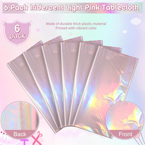Pascliyna 6 Pack 54x108 Inch Iridescent Light Pink Tablecloth for Parties, Pastel Pink Holographic Plastic Table Cover