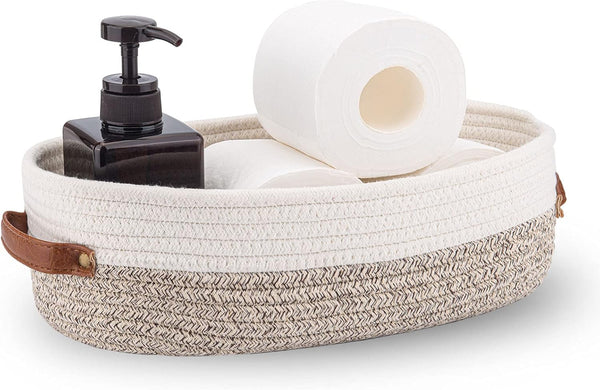 Woven Storage Basket for Toilet Tank Top, Farmhouse Organizing Decor for Bathroom, Table, Counter 13"x5.9"x4" Apricot