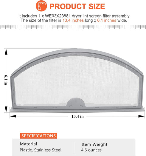 WE03X23881 Dryer Lint Filter Replacement - Stainless Steel for GE Hotpoint Appliance Lint Trap - Works with AP6031713