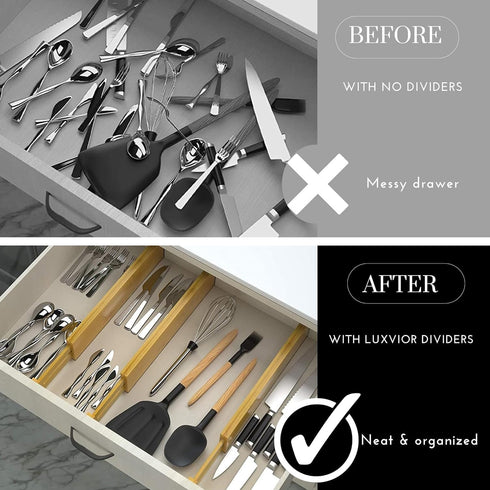 Expandable Bamboo Drawer Dividers 8 Pack with Labels, Drawer Organizer for Kitchen, Clothes, Office, Bathroom