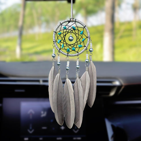 Small Dream Catchers for Cars Rear View Mirror, Handmade Gray Feather and Turquoise Car Charm Pendant