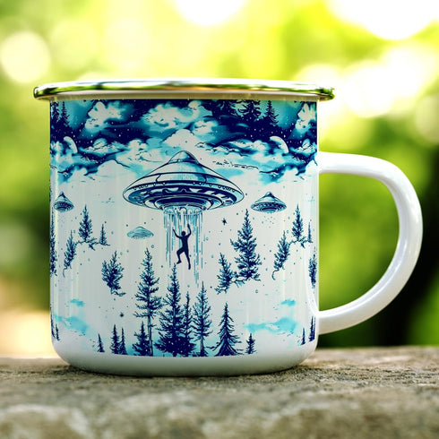UFO Alien Abduction Extraterrestrial Paranormal Enamel Camp Mug, Outdoor Camping Campfire Coffee Cup (12oz)