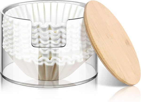 Coffee Filter Holder, Reusable Clear Storage Container with Bamboo Lid, Stylish Dispenser for Kitchen Countertop