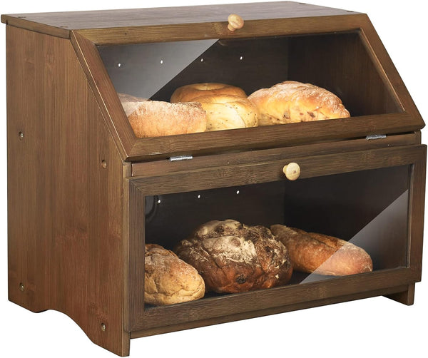 HOMEKOKO Double Layer Large Bread Box for Kitchen Counter, Wooden Large Capacity