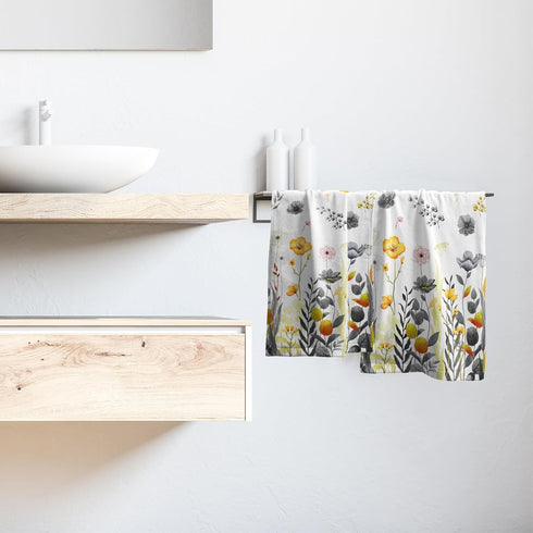 Imiss 14.4 28.3 Inch SpaSet 2 Grey Yellow Poppy Floral Hand Towel x Watercolor Botanical Leaf Fingertip Towel Bath