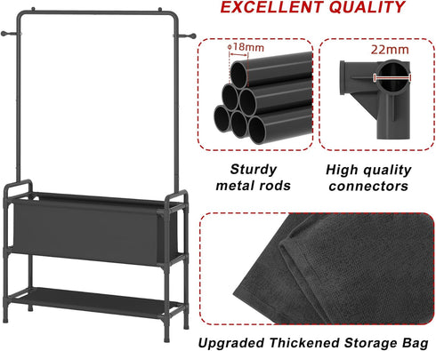 Calmootey Clothing Rack with Storage Bag, 3-in-1 Garment Rack for Bedroom, Hallway, Entryway, Black