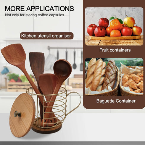 Large Capacity Wire Kup Storage with Wooden Base, Mug Shape Wire Basket with Lid for Kitchen Decor