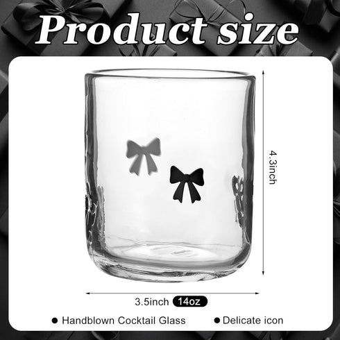 2 Pack 14 oz Stemless Skylety Bow Icon Juice Glasses, Glass Cups, Coquette Black Bow Juice Cocktail Wine Coffee