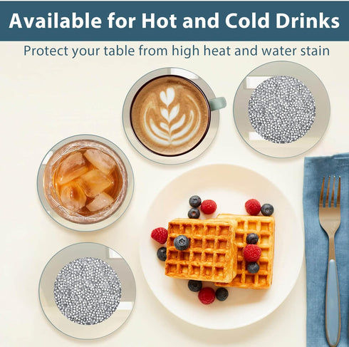 6 Set, 4 Inches Pcs Glass Mirrored Coasters for Drinks with Holder, Mckanti Crushed Diamond Coaster Silver Crystal Wine