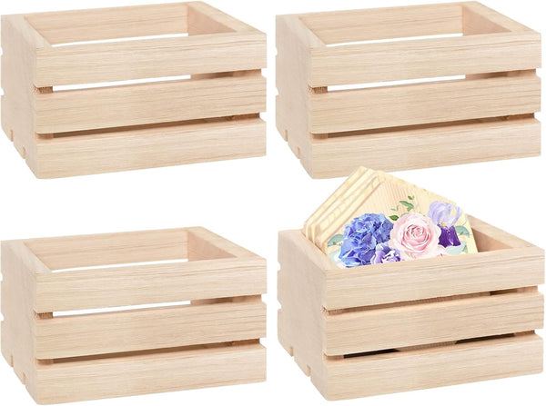 4 Pack Mini Rustic Wooden Crates, Unfinished Wood Box Decorative Storage for Kitchen, Office, Bedroom, Rustic Decor