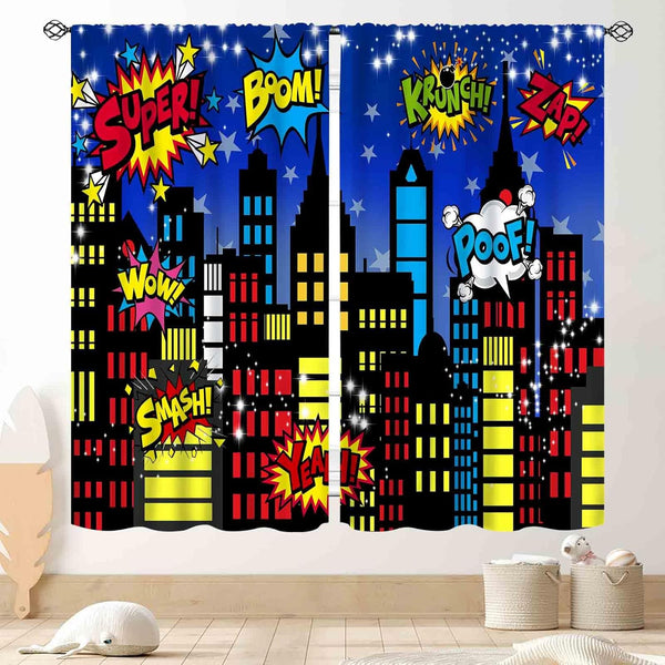 TKUYO Superhero City Curtains, Comic Night Starry Skyline Cityscape Buildings Comic Blackout Window