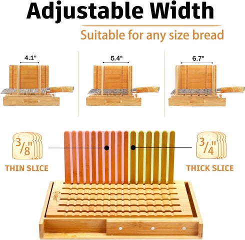 Bread Slicer for Homemade Bread, Adjustable Thickness and Width Slicing Guides, with Crumb Tray, Damascus Knife