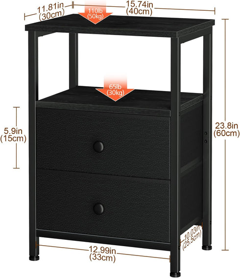 2 HETS002BK-1 LOAKEKEL Night Stand, Nightstand with Fabric Drawers for Bedroom, Small End Table with Open Storage Shelf