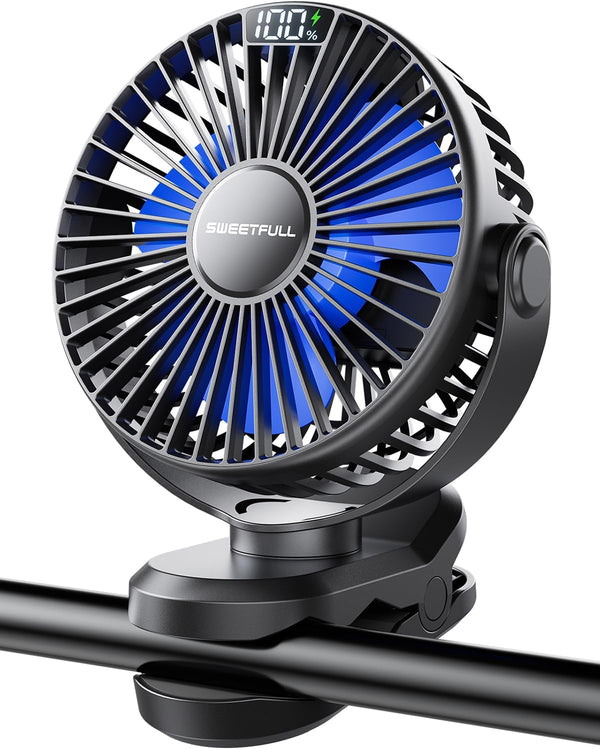 SWEETFULL Portable Clip on Fan, Battery Operated Stroller Fan, 4000mAh Rechargeable Mini Cooling Desk Fan (Black)