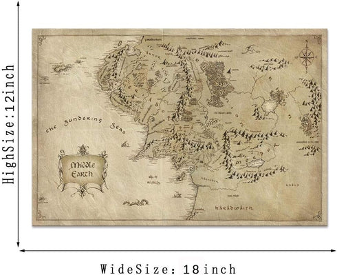 Vinatge Wall Art Picture Canvas Painting Map of Middle Earth by Yatsen Bridge, HD Print, 12" Hx16" W