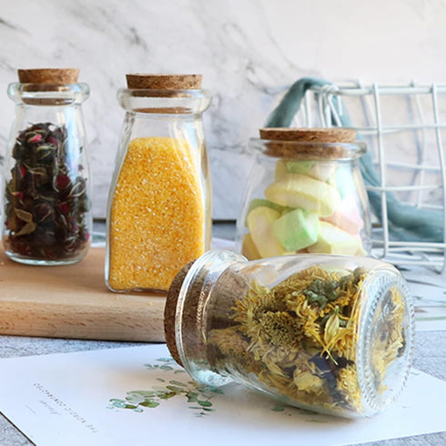 30 Pack 4 OZ Set yarlung Glass Favor Jars with Cork Lids, Clear Small Candy Jars Square Decorative Bottles
