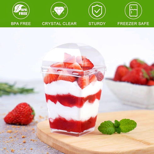25 Pack 5 oz Zezzxu Dessert Cups with Dome Lids and Spoons, Plastic Pudding Cups with Lids Mini Parfait Shooter Cups