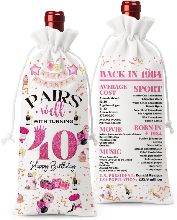 40th Birthday Gifts Wine Bag for Women Men, 40 Year Old Birthday Gifts, Happy 40th Birthday Party Decorations, Pairs